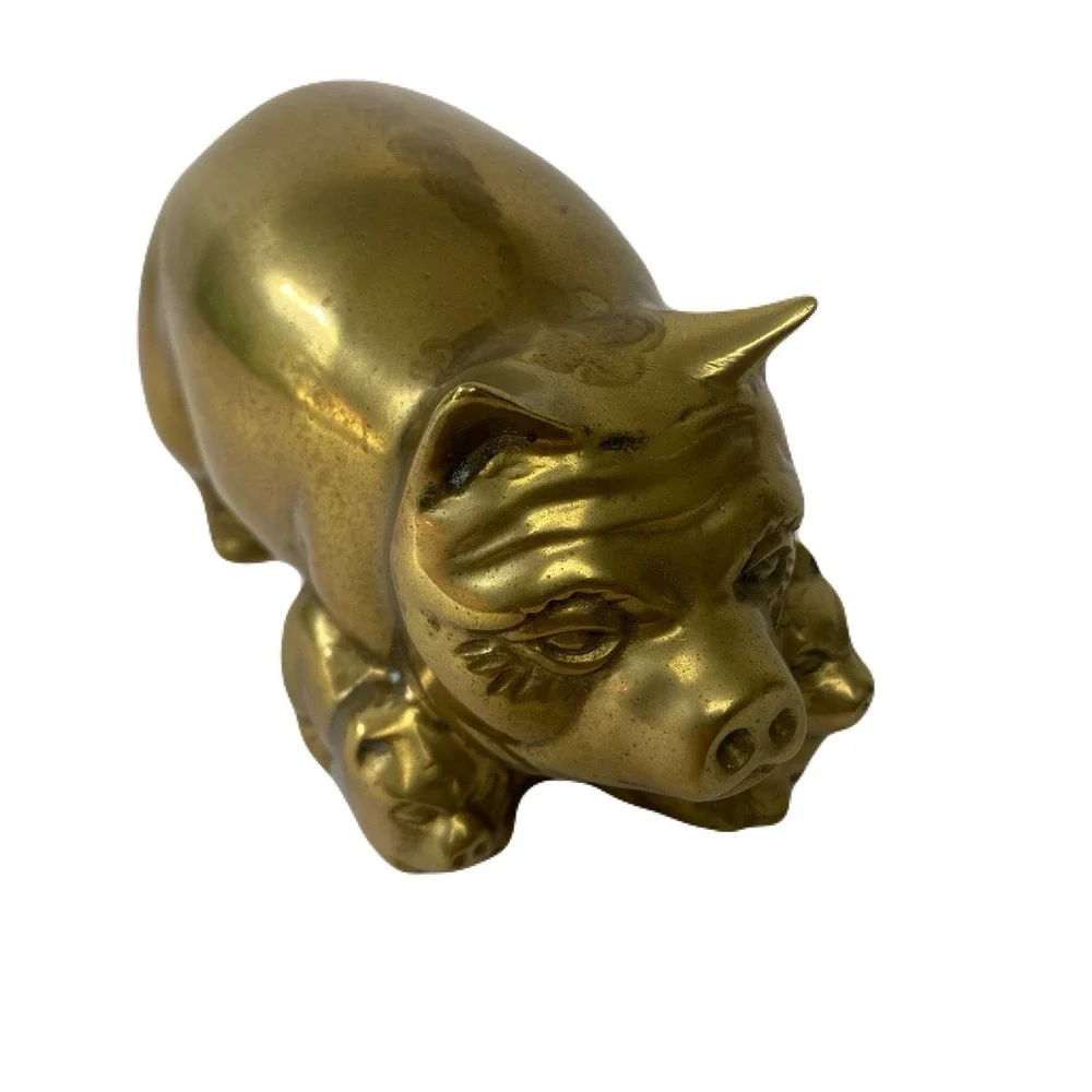 Vintage Solid Brass Pig w/ Piglets Paperweight Figurine 3